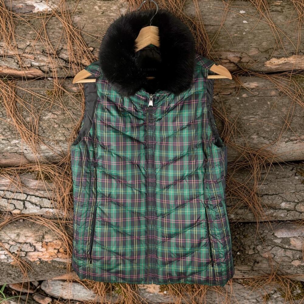 Talbots Women's Medium Green Plaid Down Filled Puffer Jacket Faux Fur Collar